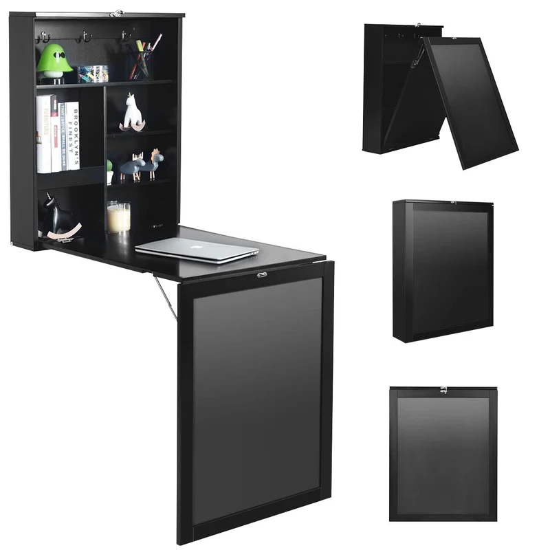 COSTWAY Table Murale Rabattable Pliable avec Etagère Intégrée et Tableau Noir en MDF 75 x 15,8 x 60,1CM Gain de Place Idéal pour Salon, Salle à Manger, Bureau (Noir)