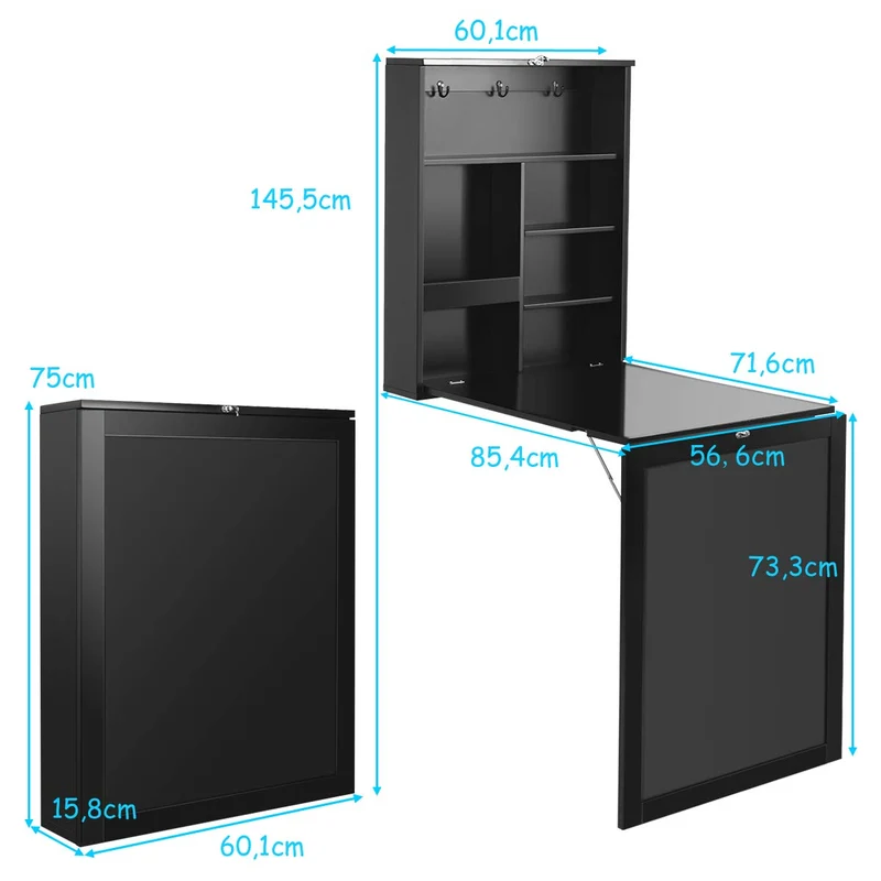 COSTWAY Table Murale Rabattable Pliable avec Etagère Intégrée et Tableau Noir en MDF 75 x 15,8 x 60,1CM Gain de Place Idéal pour Salon, Salle à Manger, Bureau (Noir)