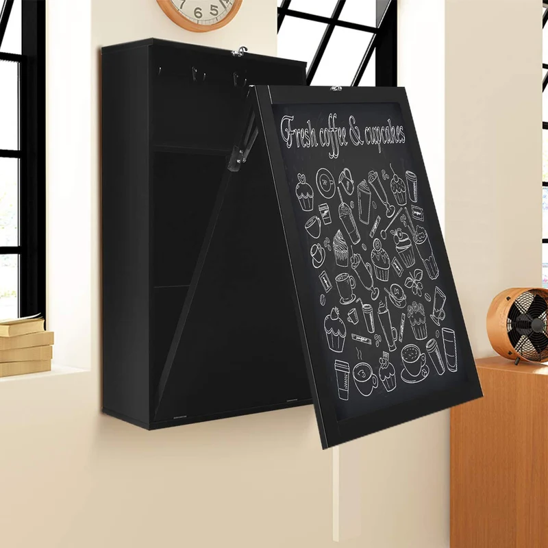 COSTWAY Table Murale Rabattable Pliable avec Etagère Intégrée et Tableau Noir en MDF 75 x 15,8 x 60,1CM Gain de Place Idéal pour Salon, Salle à Manger, Bureau (Noir)