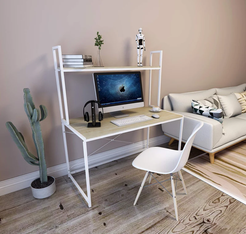 WOLTU TSB09hei Bureau d'ordinateur table de bureau à domicile station de travail en bois et acier,environ 120x60x140cm,Chêne clair+Blanc