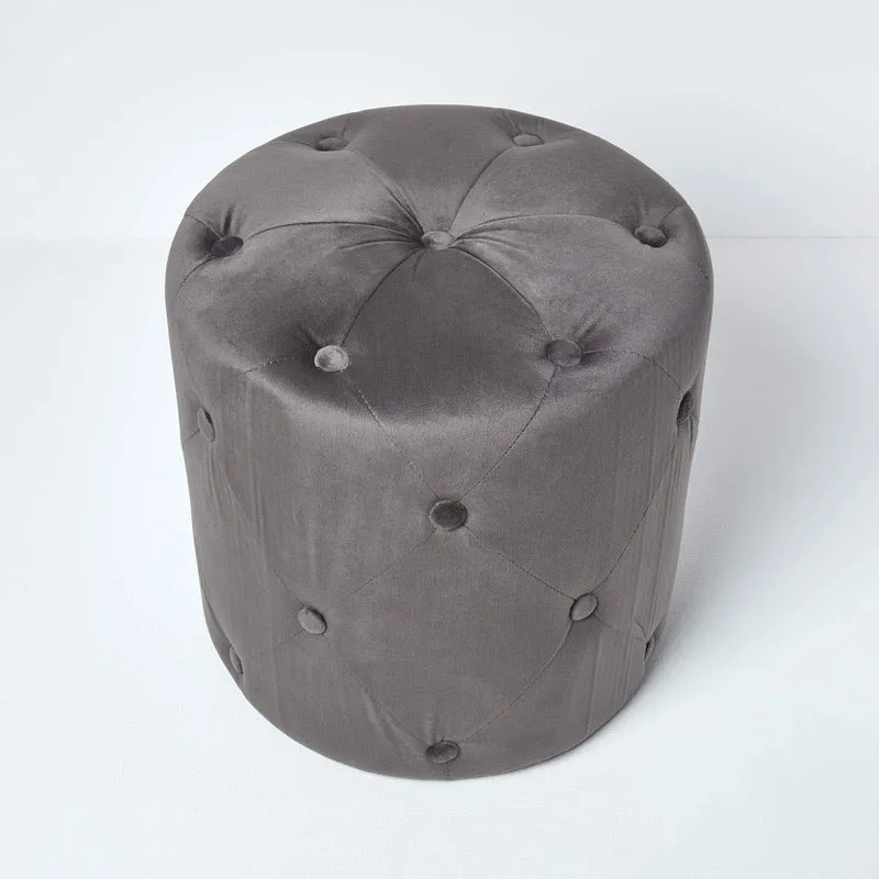Homescapes Pouf Rond en Velours capitonné Windsor, Tabouret ou Repose-Pieds, Gris, 40 x 40 x 40 cm
