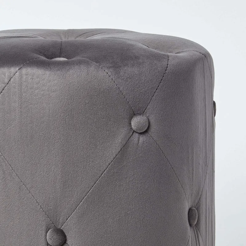 Homescapes Pouf Rond en Velours capitonné Windsor, Tabouret ou Repose-Pieds, Gris, 40 x 40 x 40 cm