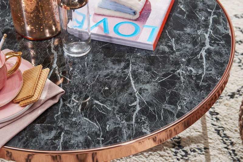 FineBuy Table Basse Rond 82,5 x 40 x 82,5 cm Apparence De Marbre Noir | Table d'appoint Conception Moderne | Table De Sofa Structure Métallique Cuivre | Table De Salon Grand Verre De Sécurité Acier