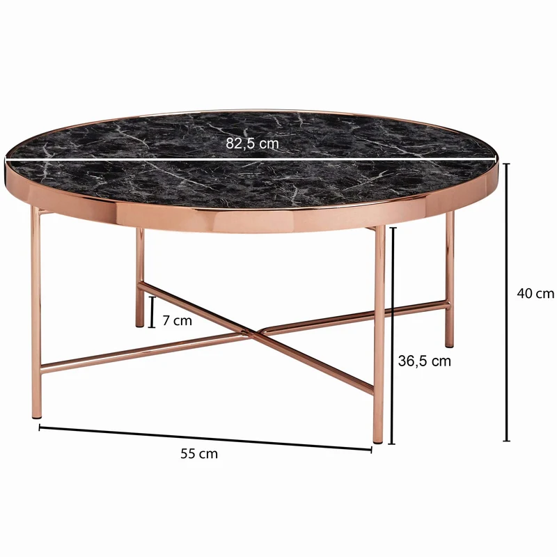 FineBuy Table Basse Rond 82,5 x 40 x 82,5 cm Apparence De Marbre Noir | Table d'appoint Conception Moderne | Table De Sofa Structure Métallique Cuivre | Table De Salon Grand Verre De Sécurité Acier