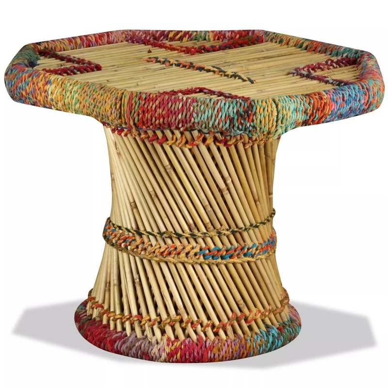 Festnight Table Basse en Bambou avec Détails Chindi Multicolore 60 x 60 x 45 cm