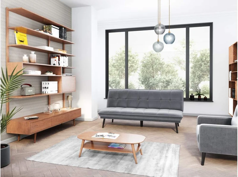 Loungitude Banquette convertible en velours gris perle et pieds métal noirs