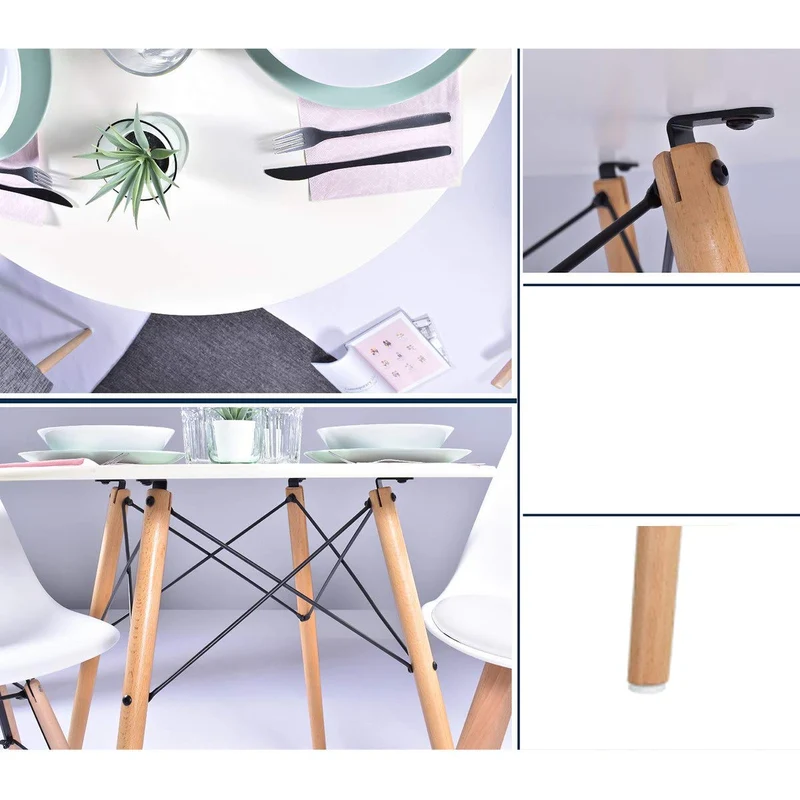 H.J WeDoo Ronde Table de Salle à Manger Scandinave Design Blanc avec Eiffel Jambes en hêtre 80 cm