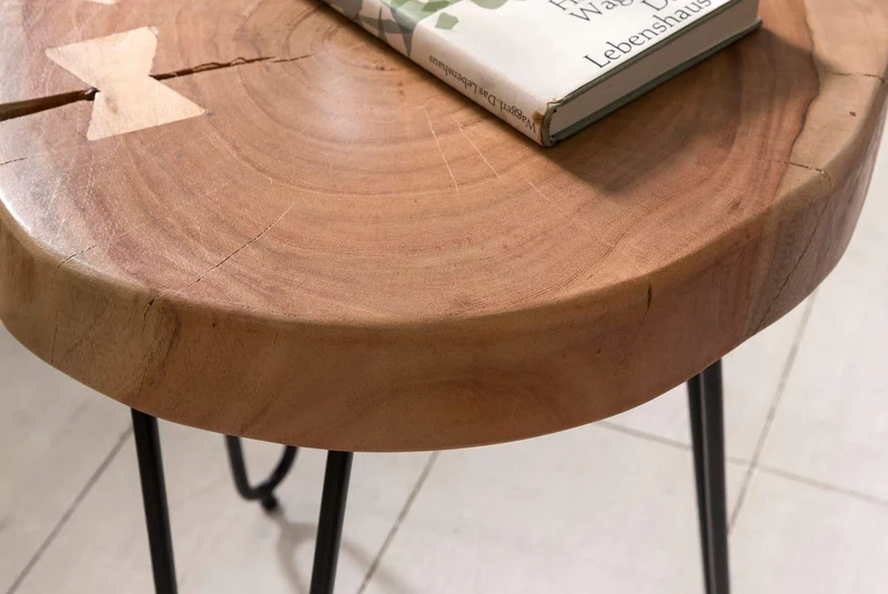 FineBuy Table d'appoint Bois Massif/Métal Acacia 35 x 46 x 35 cm Table Basse Salon | Bout de canapé est - Table de téléphone - Table en Bois Rond