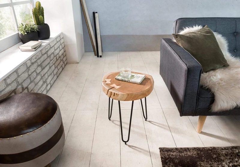 FineBuy Table d'appoint Bois Massif/Métal Acacia 35 x 46 x 35 cm Table Basse Salon | Bout de canapé est - Table de téléphone - Table en Bois Rond