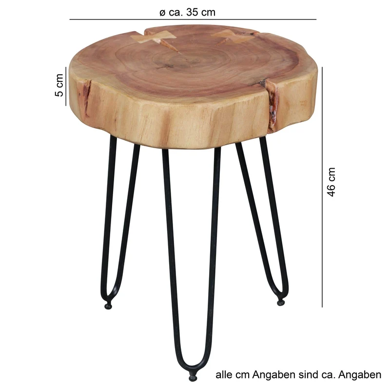 FineBuy Table d'appoint Bois Massif/Métal Acacia 35 x 46 x 35 cm Table Basse Salon | Bout de canapé est - Table de téléphone - Table en Bois Rond