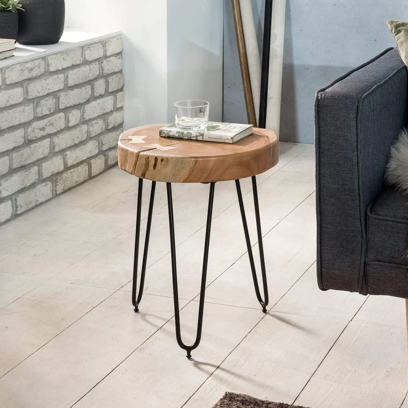FineBuy Table d'appoint Bois Massif/Métal Acacia 35 x 46 x 35 cm Table Basse Salon | Bout de canapé est - Table de téléphone - Table en Bois Rond