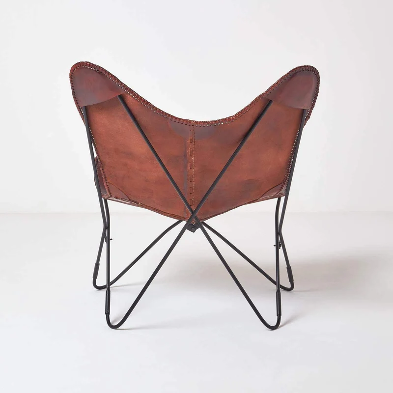 Homescapes Fauteuil Papillon en Cuir véritable Marron et métal, Chaise de Bureau Vintage, Fauteuil rétro, 88 x 77 cm
