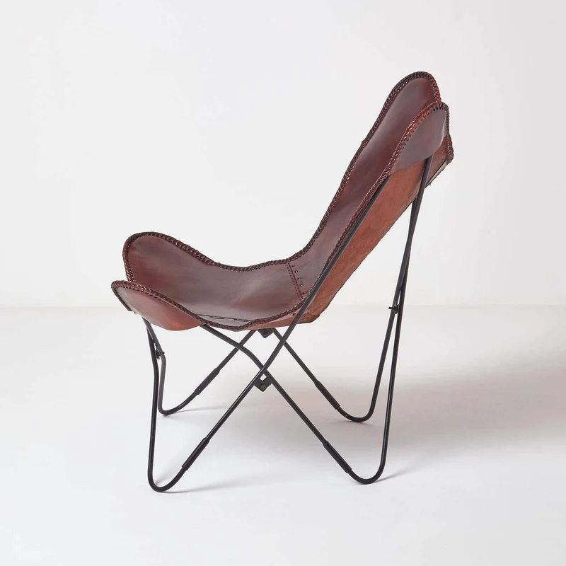 Homescapes Fauteuil Papillon en Cuir véritable Marron et métal, Chaise de Bureau Vintage, Fauteuil rétro, 88 x 77 cm