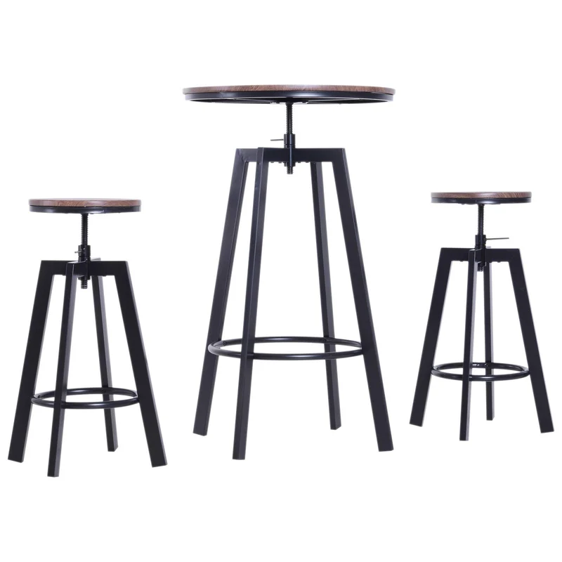 Homcom Ensemble Table de Bar Design Industriel + 2 tabourets Hauteur réglable MDF Coloris Bois Noyer Acier Noir
