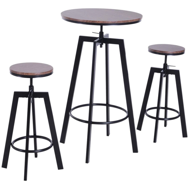 Homcom Ensemble Table de Bar Design Industriel + 2 tabourets Hauteur réglable MDF Coloris Bois Noyer Acier Noir