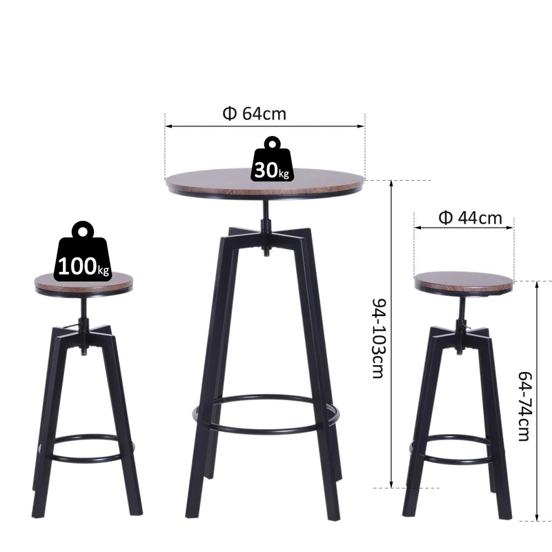 Homcom Ensemble Table de Bar Design Industriel + 2 tabourets Hauteur réglable MDF Coloris Bois Noyer Acier Noir