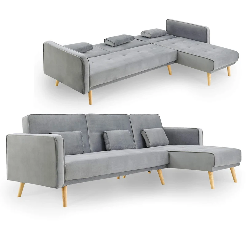 ANA - Canapé d'angle en Tissu Velours Gris Convertible Modulable Angle Réversible