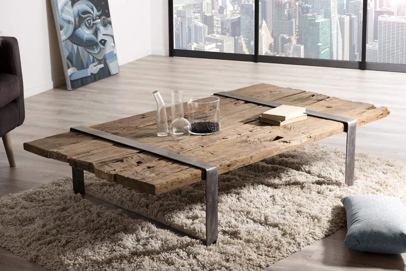 MACABANE Table Basse Bois Massif cerclée métal, 169x94x16