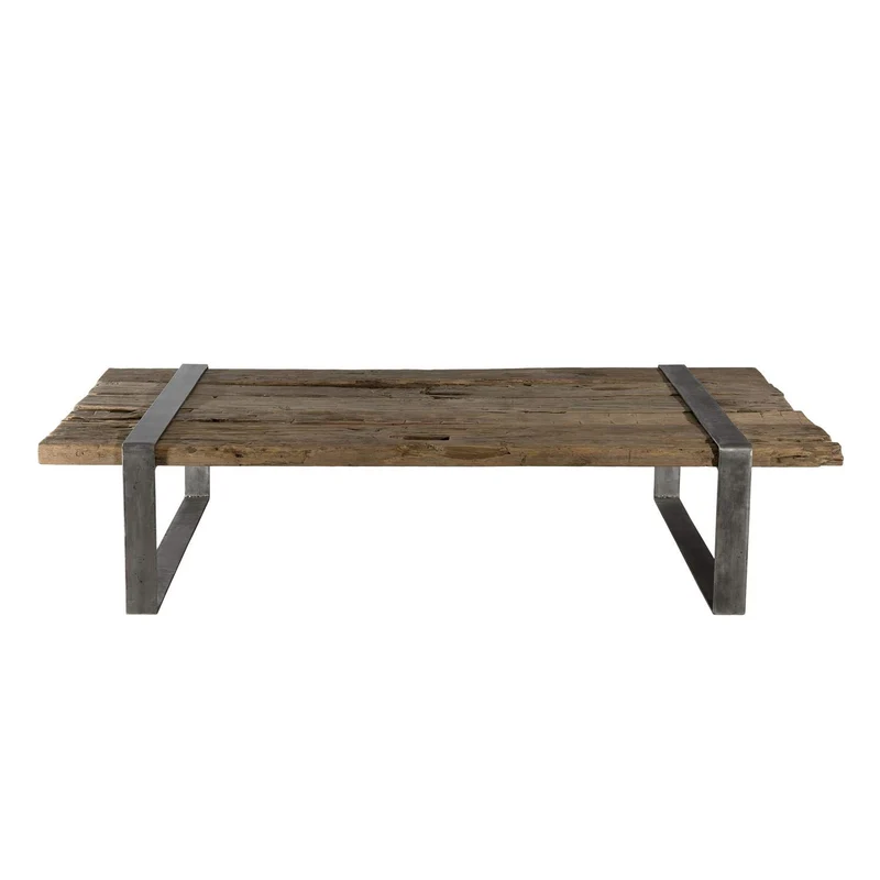 MACABANE Table Basse Bois Massif cerclée métal, 169x94x16