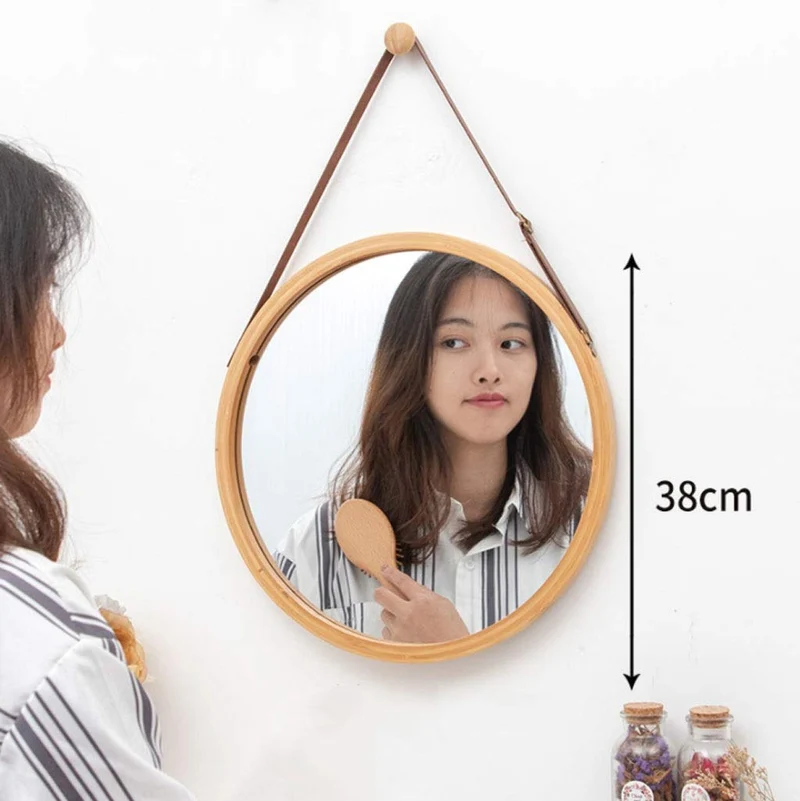 Glzcyoo Miroir Mural Suspendu dans la Chambre à Coucher - Cadre en Bambou Massif et lanière en Cuir réglable - Miroir de Maquillage Rond Mir Miroir de Chambre Rond (Color : A, Size : 45cm)