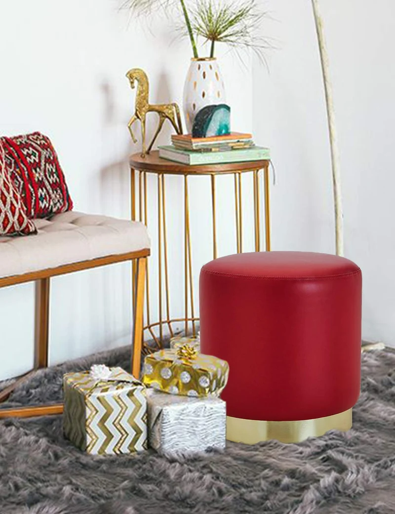 Suhu Tabouret Pouf en Similicuir Coiffeuse Repose-Pieds en Faux Cuir Rond de Salon Design Chaise Moderne Siège Vintage Deco Bas en Métal Gold Rouge