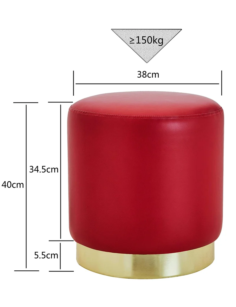 Suhu Tabouret Pouf en Similicuir Coiffeuse Repose-Pieds en Faux Cuir Rond de Salon Design Chaise Moderne Siège Vintage Deco Bas en Métal Gold Rouge