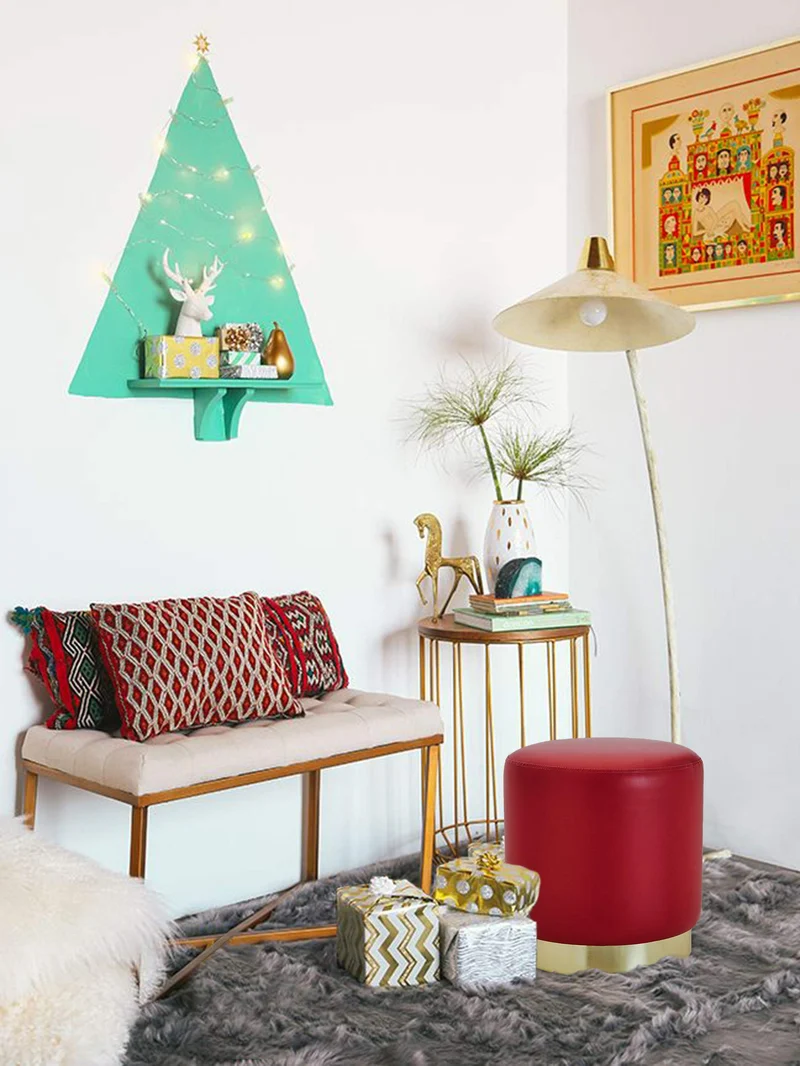 Suhu Tabouret Pouf en Similicuir Coiffeuse Repose-Pieds en Faux Cuir Rond de Salon Design Chaise Moderne Siège Vintage Deco Bas en Métal Gold Rouge