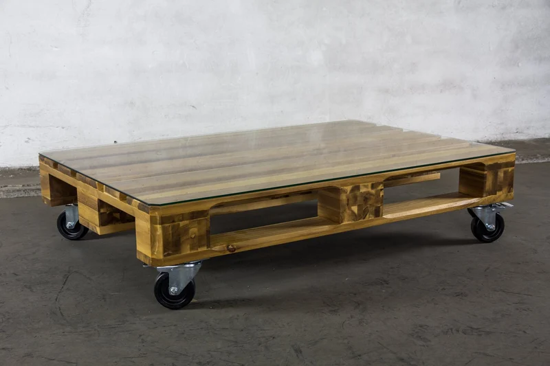 Ikone Table Basse en Bois d'acacia de Haute qualité avec Plateau en Verre et roulettes (Transparent)