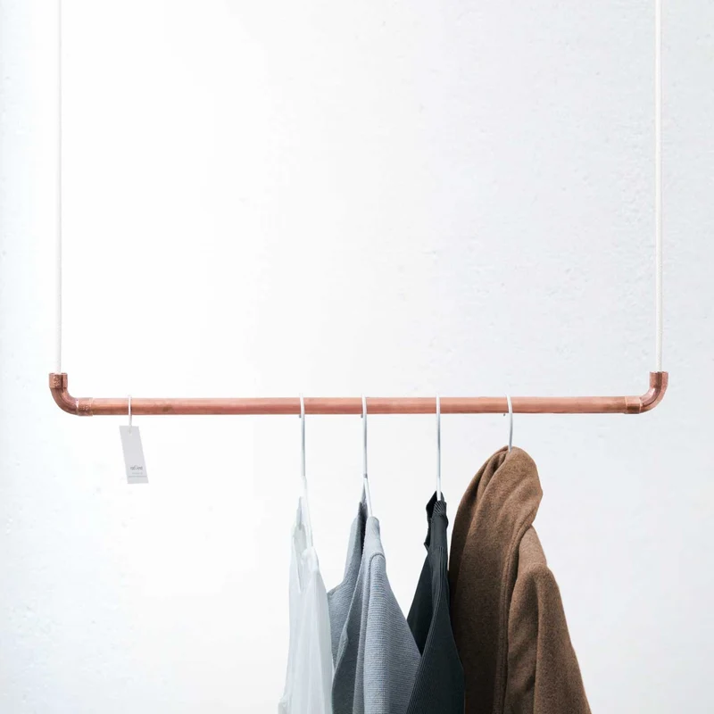 Design Tringle à vêtements de Rod & Knot ? The copperrope en cuivre Tuyau et corde en coton (Blanc) hängend, couvertures de besfestigung - 110 cm