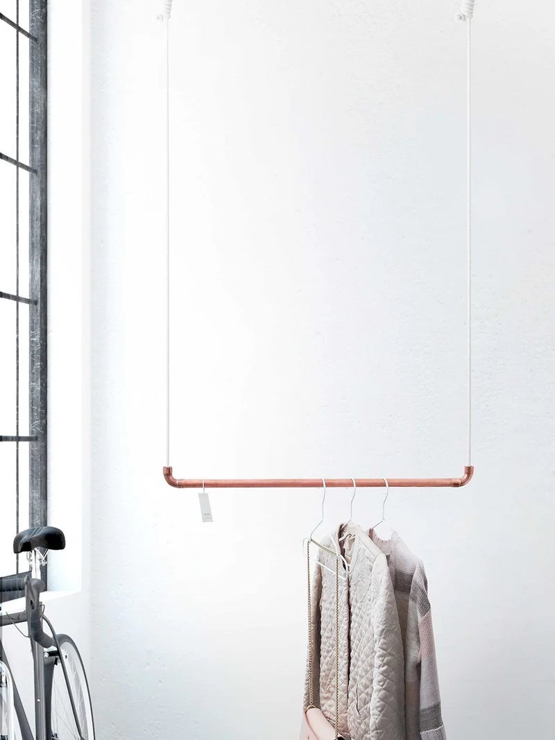 Design Tringle à vêtements de Rod & Knot ? The copperrope en cuivre Tuyau et corde en coton (Blanc) hängend, couvertures de besfestigung - 110 cm