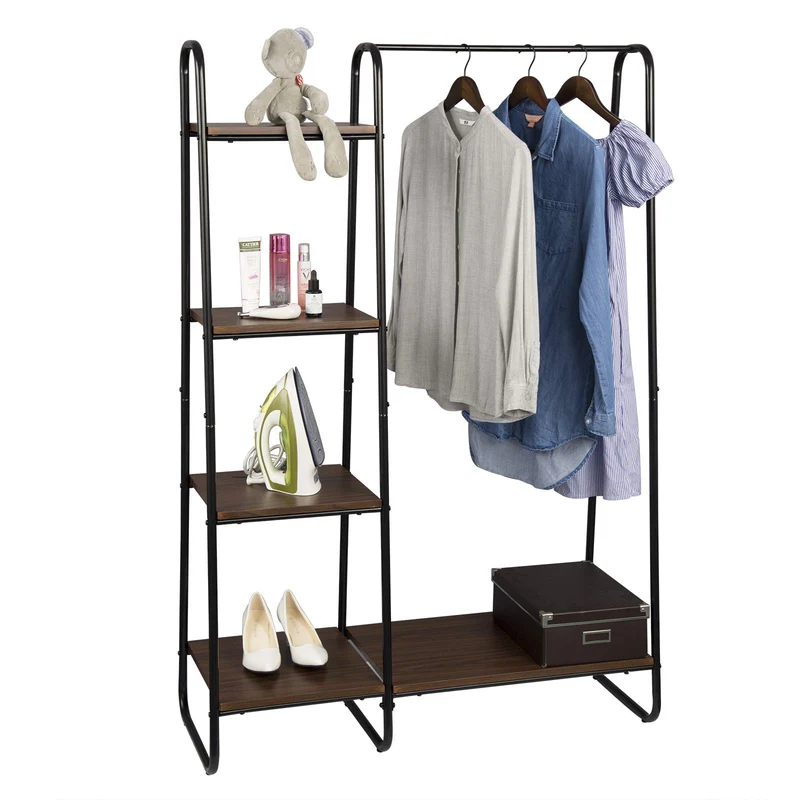 EUGAD 0134XJYJ Portemanteau Portant avec étagères de Rangement penderie de vêtement en MDF et métal 102x40x150cm hêtre foncé