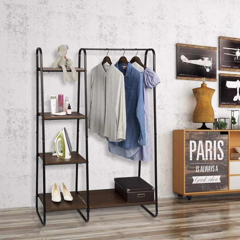 EUGAD 0134XJYJ Portemanteau Portant avec étagères de Rangement penderie de vêtement en MDF et métal 102x40x150cm hêtre foncé