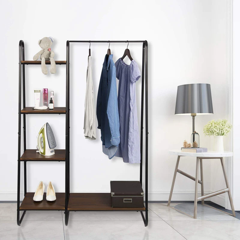EUGAD 0134XJYJ Portemanteau Portant avec étagères de Rangement penderie de vêtement en MDF et métal 102x40x150cm hêtre foncé