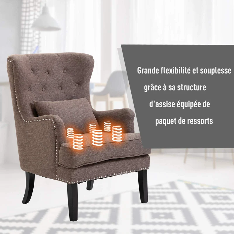 Homcom Fauteuil Chesterfield Vintage Grand Confort Dossier Assise capitonné avec Boutons Coussin Inclus Lin Taupe