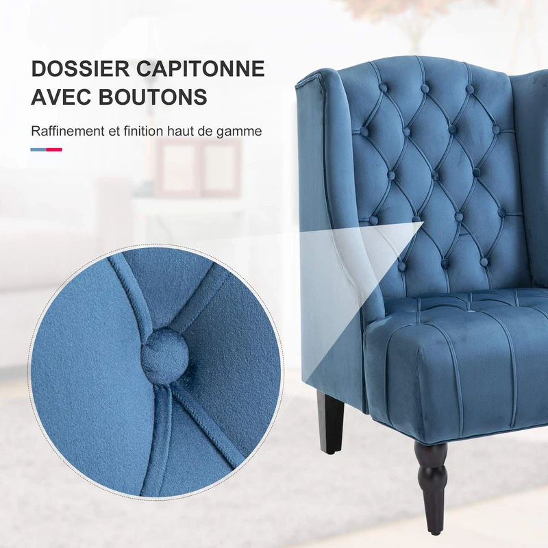 Homcom Fauteuil Chesterfield Grand Confort Dossier Assise capitonné avec Boutons Velours Bleu