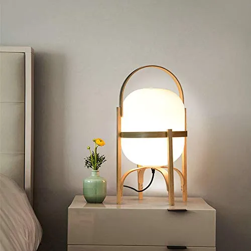 Lampe De Chevet Bambou Bois Respectueuse l'environnement,Abat Jour Verre Bambou Recouvert d'un Corps en Verre Décoratif Lampe De Table,Salon Salle À Manger Lumière De Nuit