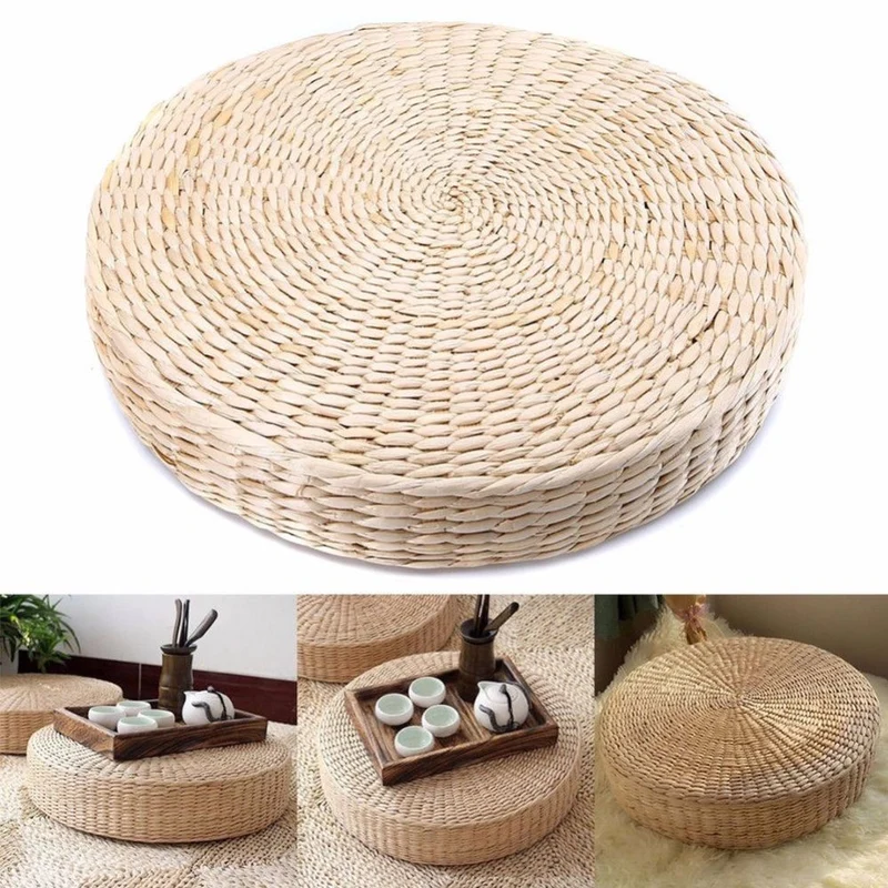 Tapis de pouf de sol, fabriqué à la main, respectueux de l'environnement, rembourré en paille tricotée