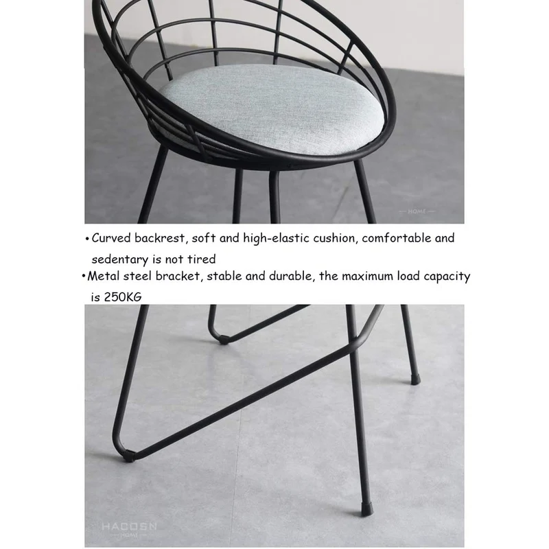 lxn Tabouret de bar Noir de simplicité Moderne, chaises Hautes de Salle à Manger rembourrées avec Tabouret Haut et Dos Creux, Pieds de Coussin en Coton Gris - 1pcs