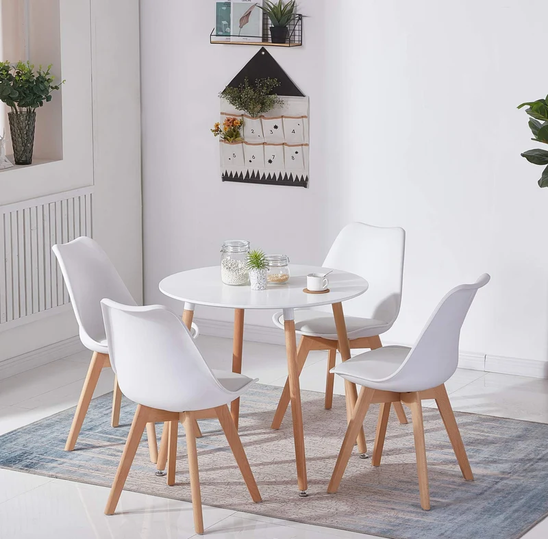EGGREE Chaises Salle à Manger Scandinaves Lot de 4 Chaises de Cuisine, Rétro Tulip Rembourrée Chaise de Salle de Bureau, Pieds en Bois de Hêtre Massif, Blanc