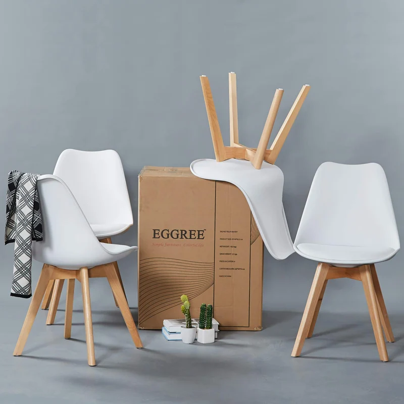 EGGREE Chaises Salle à Manger Scandinaves Lot de 4 Chaises de Cuisine, Rétro Tulip Rembourrée Chaise de Salle de Bureau, Pieds en Bois de Hêtre Massif, Blanc