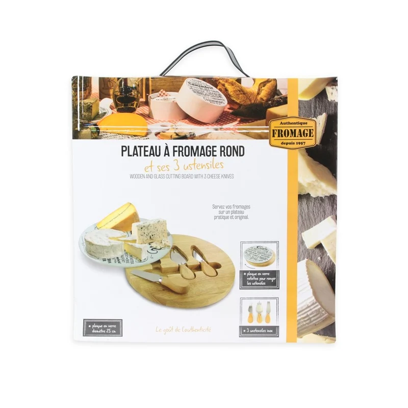 BISTROT KA1634 Planche A Fromage Bois ET Verre ET X3 USTENSILE Coloris ALEATOIRE, Marron, 25,4 x 25,4 x 2,6 cm
