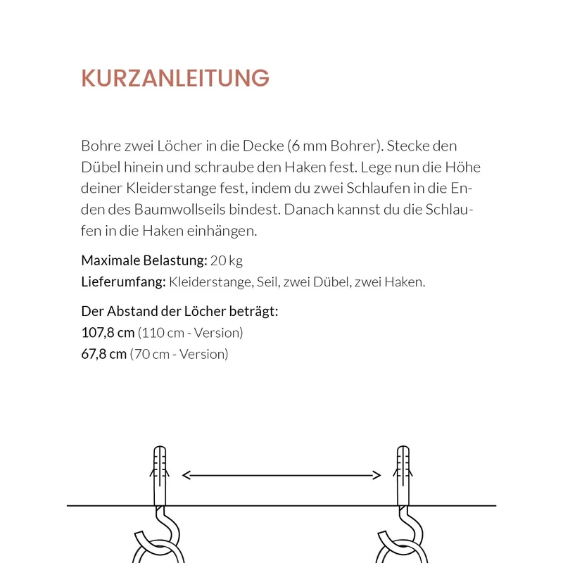 Design Tringle à vêtements de Rod & Knot ? The copperrope en cuivre Tuyau et corde en coton (Blanc) hängend, couvertures de besfestigung - 70 cm