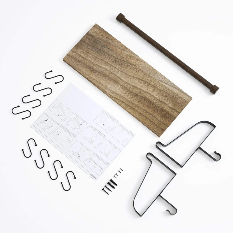 SRIWATANA Étagère Murale avec 8 Crochets Amovibles Étagère Flottante en Bois et Fer pour Cuisine Chambre Bureau ou Salle de Bains