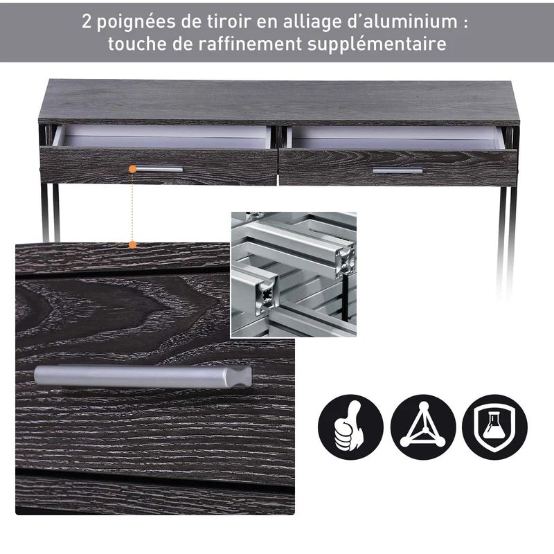 Homcom Console Table d'appoint Design Industriel dim. 120L x 30l x 81H cm 2 tiroirs étagère Acier Noir Panneaux Particules Bois Gris