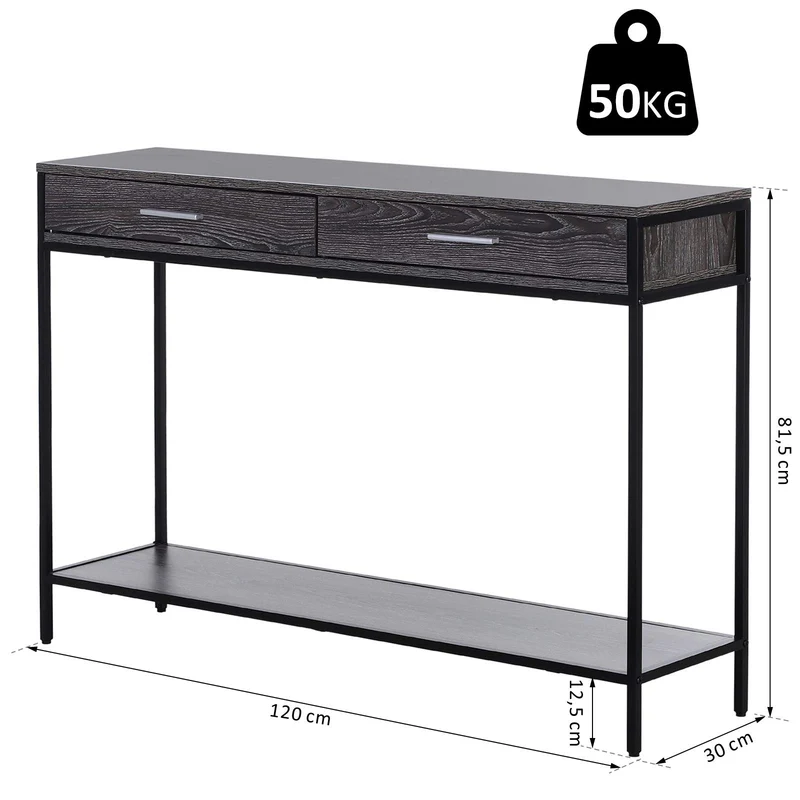 Homcom Console Table d'appoint Design Industriel dim. 120L x 30l x 81H cm 2 tiroirs étagère Acier Noir Panneaux Particules Bois Gris