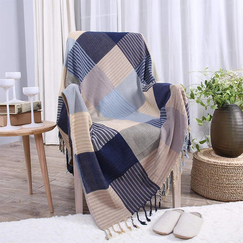 Raylans Jeté de Lit Tricotée Jeté de Canapé Antidérapage Bleu Carreau Couverture de Fauteuil Décorative Housse de Canapé Multi-usages