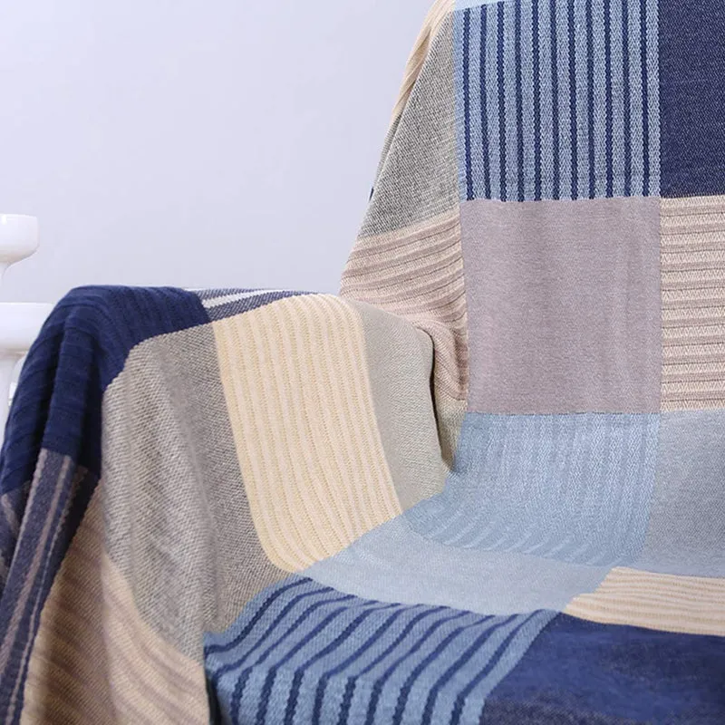 Raylans Jeté de Lit Tricotée Jeté de Canapé Antidérapage Bleu Carreau Couverture de Fauteuil Décorative Housse de Canapé Multi-usages
