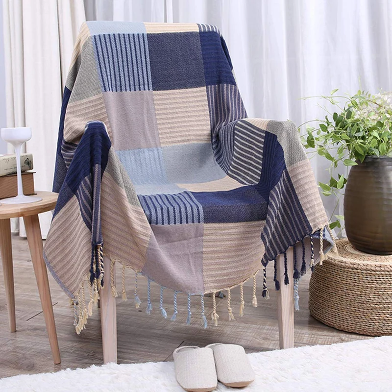 Raylans Jeté de Lit Tricotée Jeté de Canapé Antidérapage Bleu Carreau Couverture de Fauteuil Décorative Housse de Canapé Multi-usages