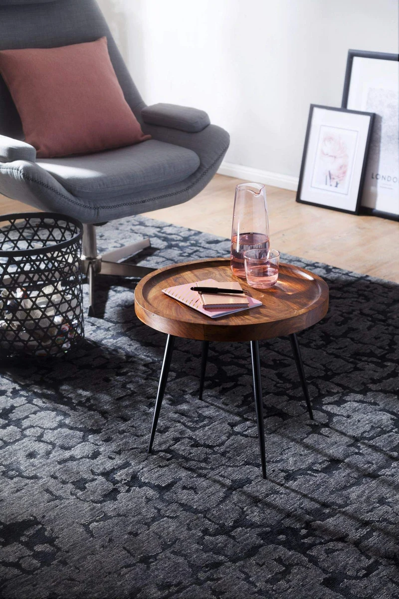 FineBuy Table d'appoint Rond 46 x 40 x 46 cm Sheesham Bois Massif métal Table Basse | Style Industriel Bois véritable Table de Salon | Table en Bois Jambes métalliques | Add on Table Table décorative