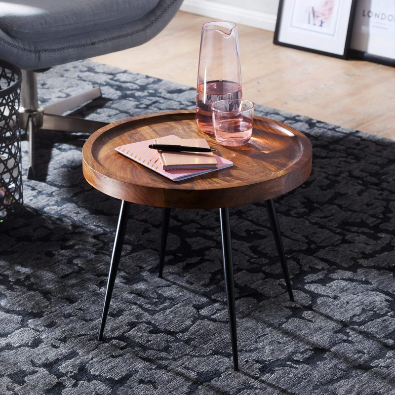 FineBuy Table d'appoint Rond 46 x 40 x 46 cm Sheesham Bois Massif métal Table Basse | Style Industriel Bois véritable Table de Salon | Table en Bois Jambes métalliques | Add on Table Table décorative